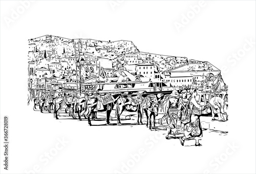 Building view with landmark of Hydra town is the capital and main harbour of the island of Hydra. Hand drawn sketch illustration in vector.