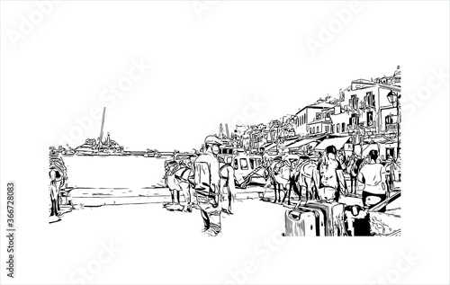 Building view with landmark of Hydra town is the capital and main harbour of the island of Hydra. Hand drawn sketch illustration in vector.