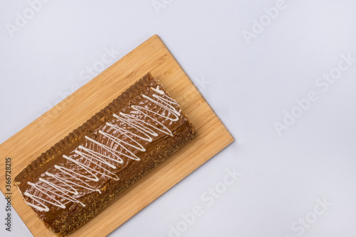 Chocolate Cake Roll Chocolate Dessert on Wooden Tray Top View Copy Space Horizontal