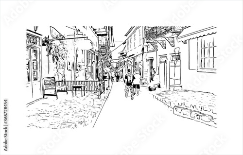 Building view with landmark of Hydra town is the capital and main harbour of the island of Hydra. Hand drawn sketch illustration in vector.