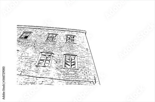 Building view with landmark of Hydra town is the capital and main harbour of the island of Hydra. Hand drawn sketch illustration in vector.