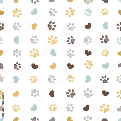 Doodle grey, yellow, turquoise small paw prints with hearts seamless fabric design pattern vector