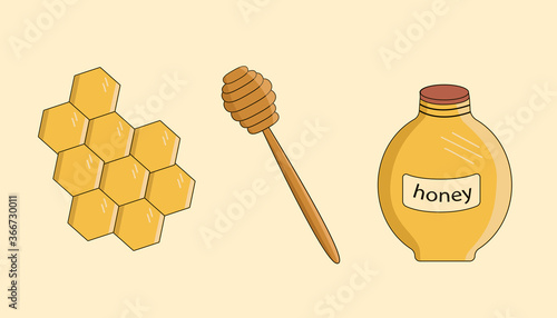 Glass jar with honey, a stick for honey and honeycomb. Vector illustration of natural products.