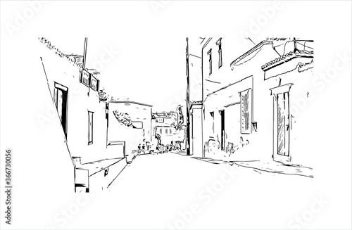 Building view with landmark of Hydra town is the capital and main harbour of the island of Hydra. Hand drawn sketch illustration in vector.