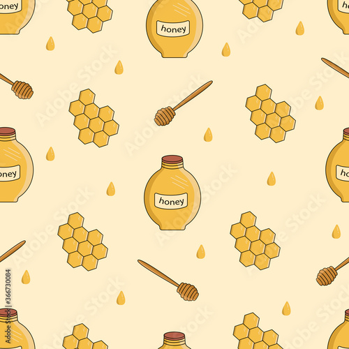 Seamless pattern of a jar of honey, stick for honey and honey comb.