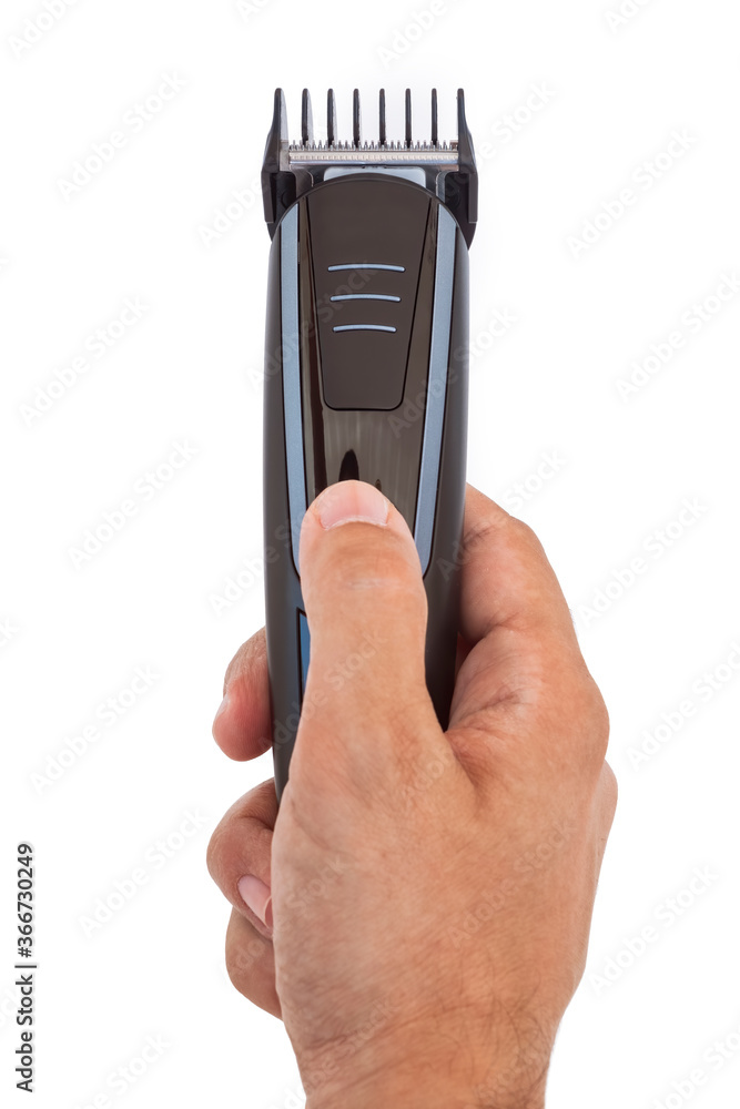 Male Hand Holding Hair Trimmer, Isolated On White Background Male Hand Holding Hair Trimmer, Isolated On White Background