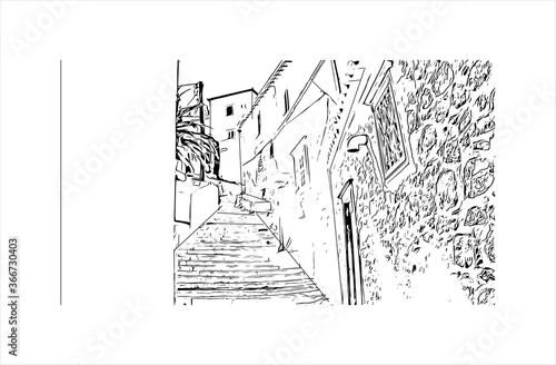 Building view with landmark of Hydra town is the capital and main harbour of the island of Hydra. Hand drawn sketch illustration in vector.