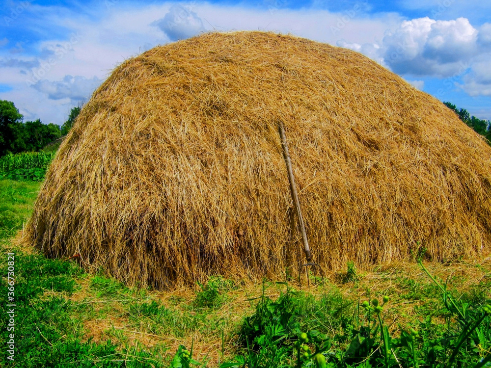 Hay stack or haystack & hayforks for horse feed on blue sky background ...