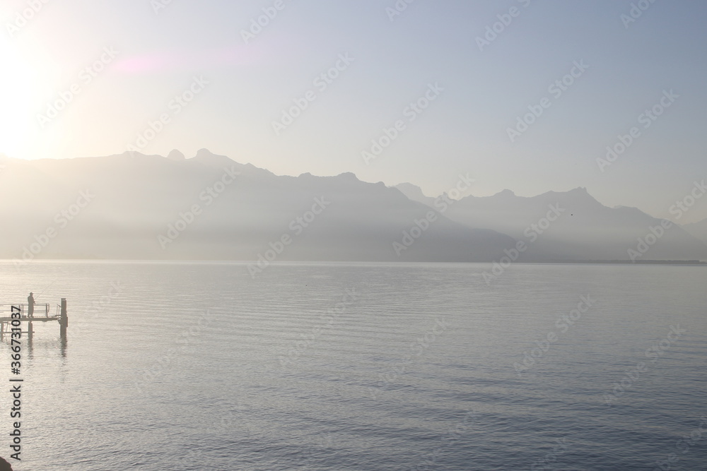 Beautiful calm morning in Lake Geneva, Switzerland, Europe