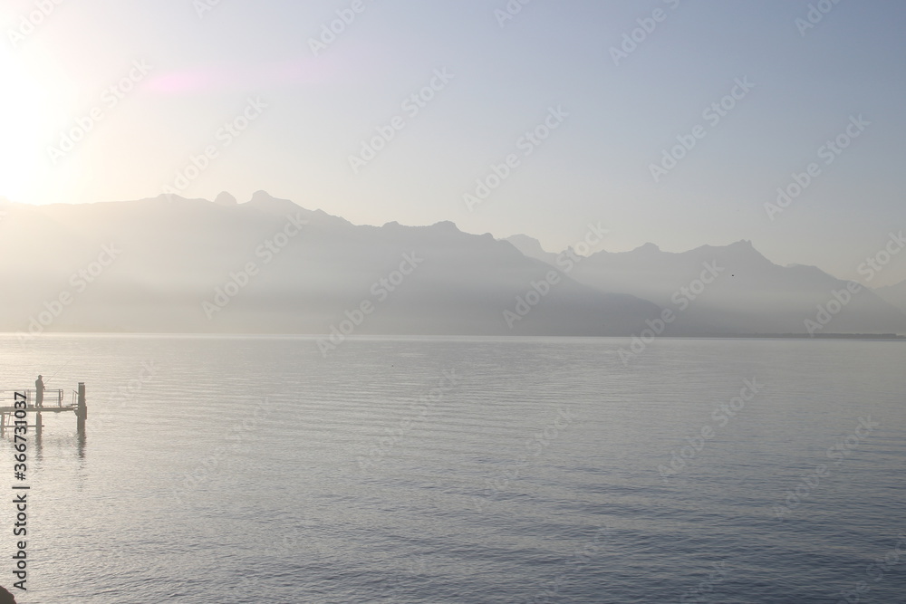 Beautiful calm morning in Lake Geneva, Switzerland, Europe Beautiful calm morning in Lake Geneva, Switzerland, Europe