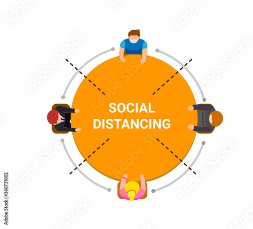 Social distancing on round table. people safety area in new normal activity concept in cartoon illustration vector on white background