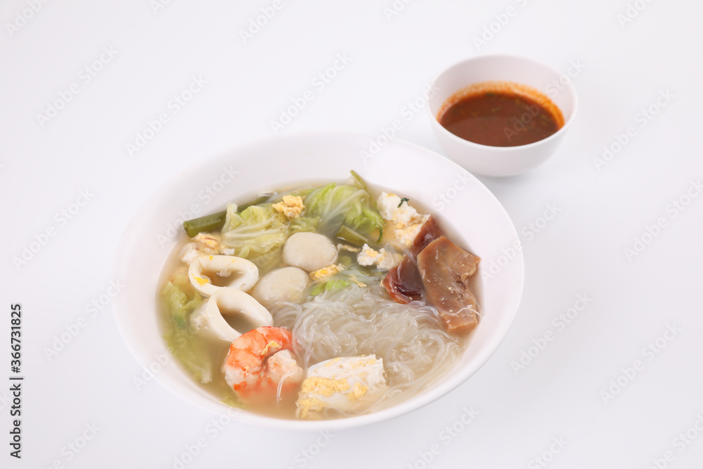Local food , Thai sukiyaki soup isoated in white background street food Local food , Thai sukiyaki soup isoated in white background street food