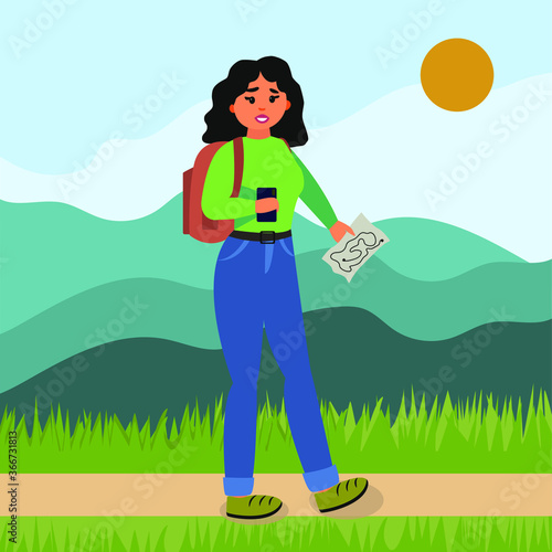 A tourist girl stands with a map in her hands and a backpack behind her in the mountains. Traveller on a journey. Милая флэт иллюстрация