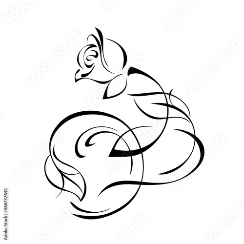 ornament 1244. decorative element with a rose flower bud on a stem with leaves and curls in black lines on a white background