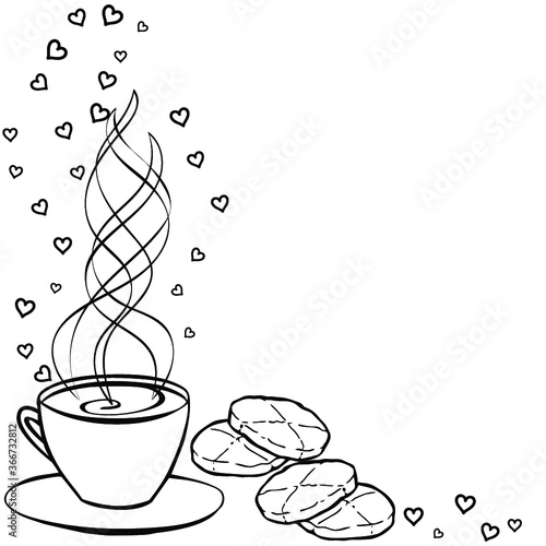 Cup of coffee with steam. Tea party frame. Black and white hand drawn border for menus, invitations, cards, envelopes and sweet notes on Valentines Day. Coloring book