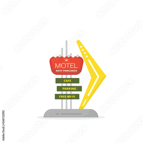 Road hotel sign. Retro style 50s road motel sign with lamps and arrow. Text on road banner with lights. Old style vintage advertising sign. Flat style vector illustration. 