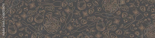 Naklejka na ścianę Pizza seamless web banner. Doodle food objects isolated on grey background. Vector illustration.