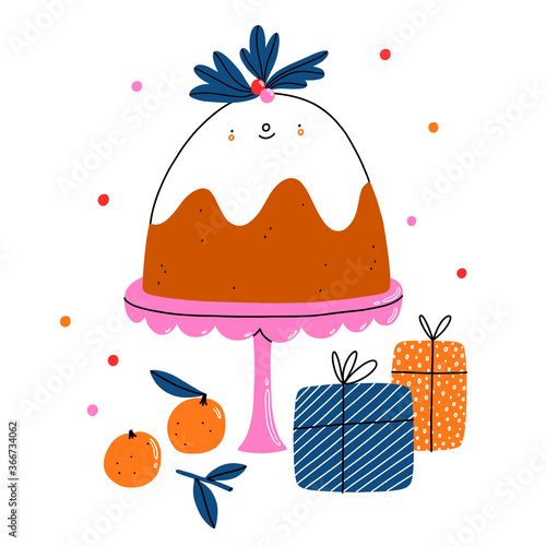 Cute Christmas pudding cartoon character with gifts and confetti, vector illustration