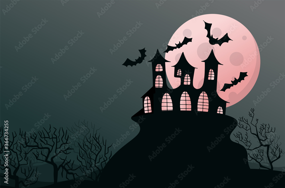 concept and banner for halloween. 
frightening mysterious house on top of a hill with bats around at full moon. 