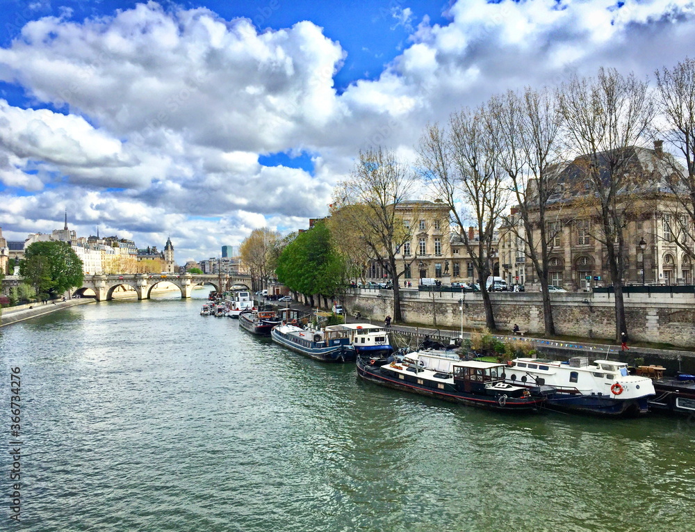 Paris in the spring. View of the Seine River and the embankment.