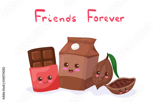 Kawaii Chocolate Flavor Milk with Cocoa Beans. Cartoon happy & smiling food vector illustration isolated on white background. Cute chocolate bar with dairy product. Adorable kids menu design elements.