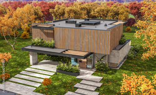 3d rendering of modern cozy house with parking and pool for sale or rent with wood plank facade and beautiful landscaping on background. Clear sunny autumn day with golden leaves anywhere.