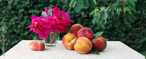 Ripe large peaches and red peony in water glass isolated on green.