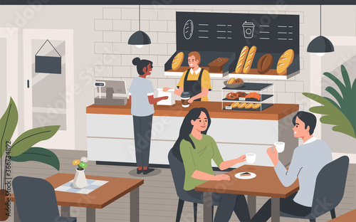 Young People Characters Dinning in modern Coffeehouse. Woman and Man Eating Desserts and Drinking Coffee. Cafe and Bakery Shop with Take Away Service. Flat Cartoon Vector Illustration.