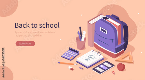 Student Backpack with Book inside and Different School Supplies like Notebook, Pencil, Eraser and Other Education Items at Desk. Back to School Concept. Flat Isometric Vector Illustration.