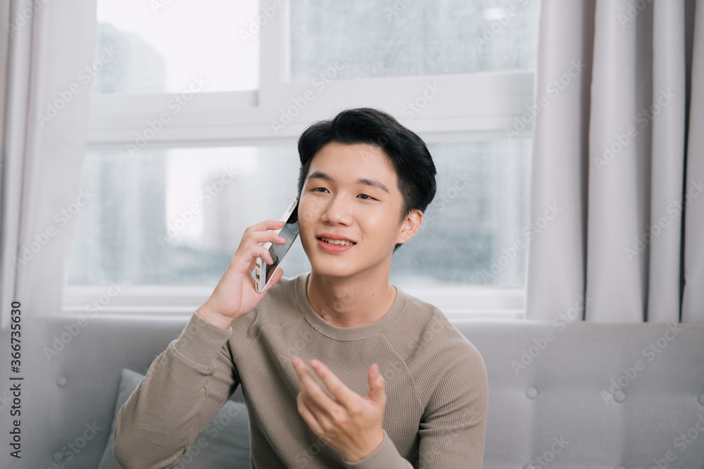 Attractive young man is talking on the mobile phone and smiling while sitting on sofa at home Attractive young man is talking on the mobile phone and smiling while sitting on sofa at home