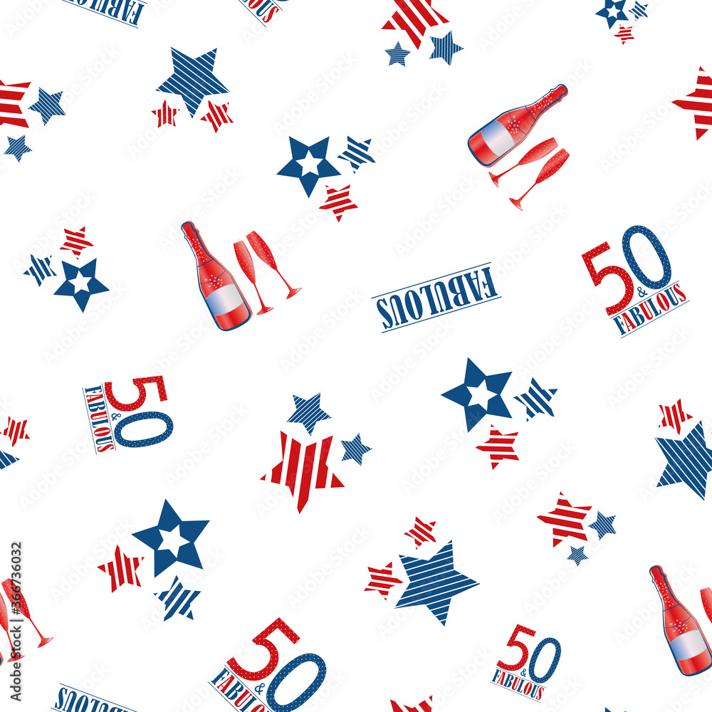 Fototapeta premium Fifty and fabulous seamless vector pattern background. Red, blue, white backdrop with typography ,striped stars,champagne bottles, glasses. Americana style design for birthday, business anniversary