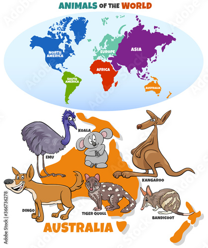 educational illustration with cartoon Australian animals and map