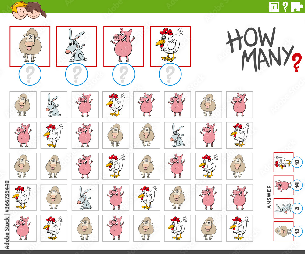 how many farm animal characters counting task
