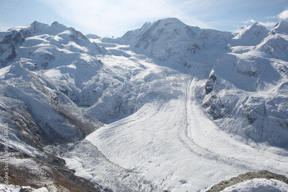Beautiful views of Monte Rosa covers of white snows, Gornergrat, Zermatt, Switzerland, Europe