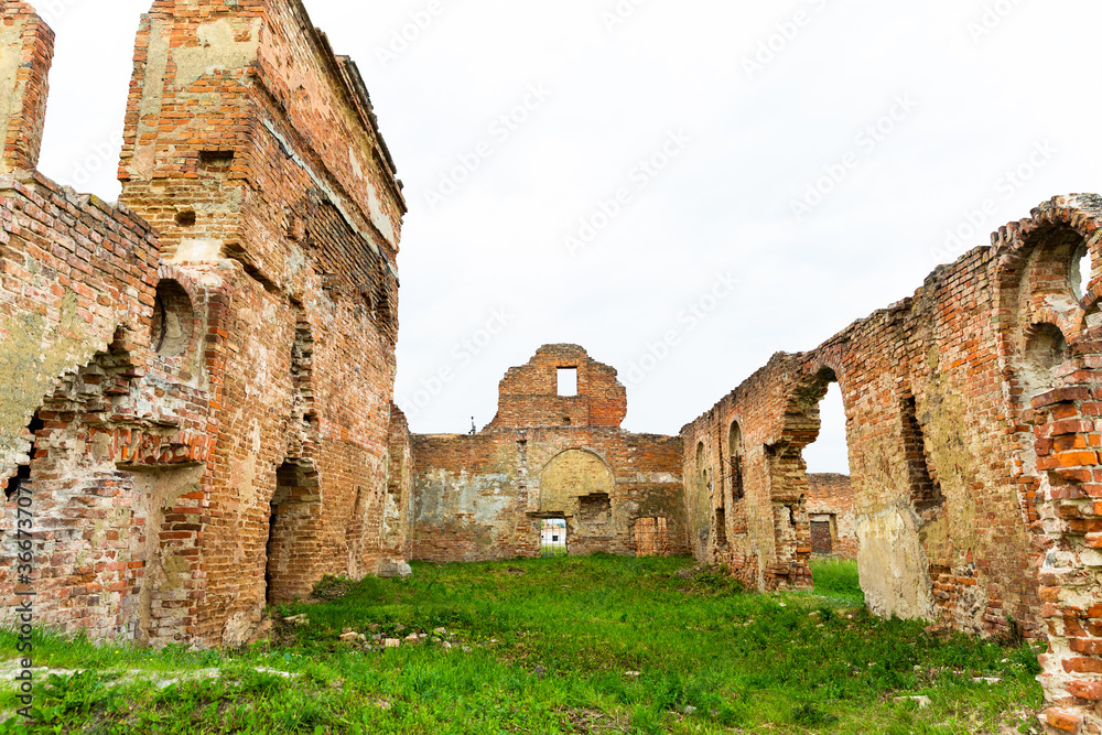 The ruins of the monastery in Biaroza, Belarus. The remains of the building. Brick destroyed walls. Red brick. Green grass around. 