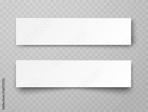 Plastic or paper white banners with shadow isolated on transparent background. Vector blank sticker, header, label or bar template