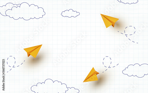 School notebook background. 3d flying yellow paper airplanes. Vector cartoon children planes in air