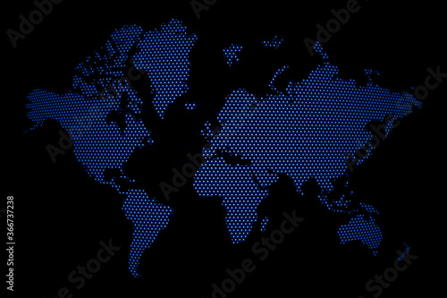 Blue world map on black background