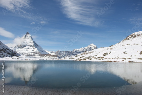 Beautiful winter landscape at Riffelsee Lake, Rotenboden, Zermatt, Switzerland, Europe
