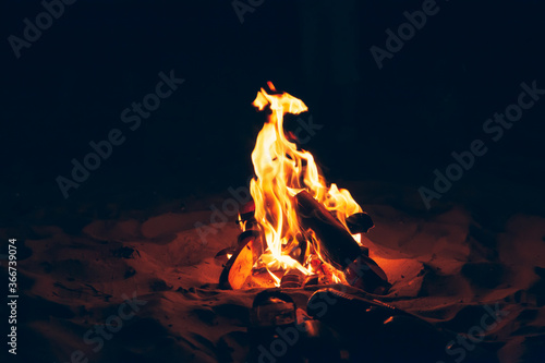 Fireplace on the beach at night. Fire with wood, flames in the nature at night.