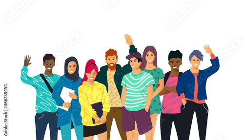 A collection of multicultural  young adult students smiling and waving isolated on a white background. People vector illustration.