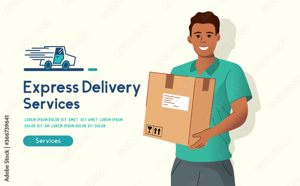 Express delivery. A cheerful delivery man holding a customer parcel. People vector illustration. Express delivery. A cheerful delivery man holding a customer parcel. People vector illustration.