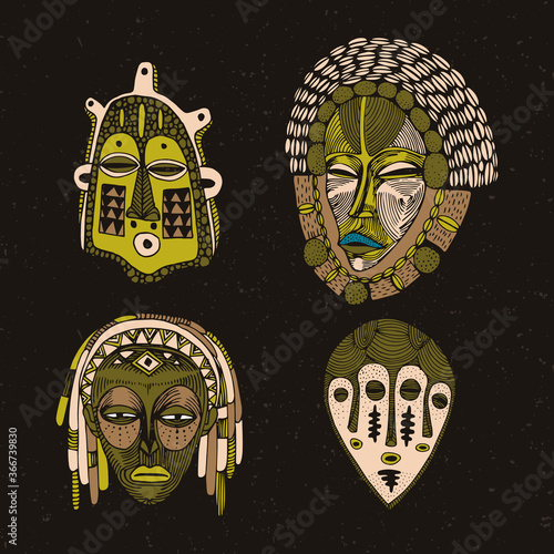 Collection of hand-drawn ethnic masks. Deities and spirits of the peoples of the world
