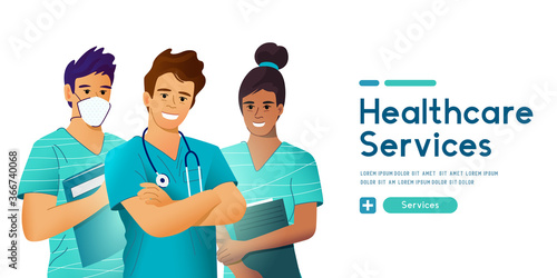 A team of medical healthcare professionals including nursing staff and doctors. Medical people vector illustration.
