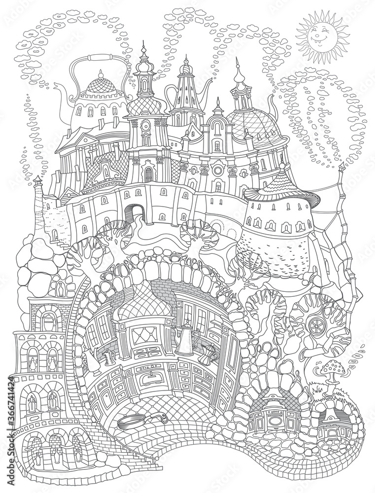 Vector contour thin line illustration. Fairy tale underground medieval Kitchen in the old cave apartment. Black and white sketch. Adults coloring book page, tee shirt print