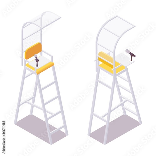 Isometric referee umpire chair with a canopy for volleyball, water polo, tennis, badminton from front and back view