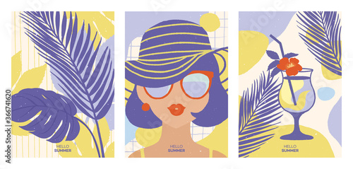 Set of Summer illustraitions. Tropical leaves / Cocktail / young woman in sunglasses. Vector illustrations.