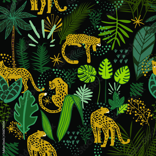 Vector floral seamless jungle cheetah pattern on black background. © Anna