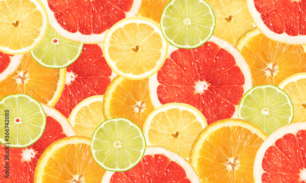 Bright banner with slices of citrus fruits - lemon, lime, orange and grapefruit. Advertising. Bright banner with slices of citrus fruits - lemon, lime, orange and grapefruit. Advertising.