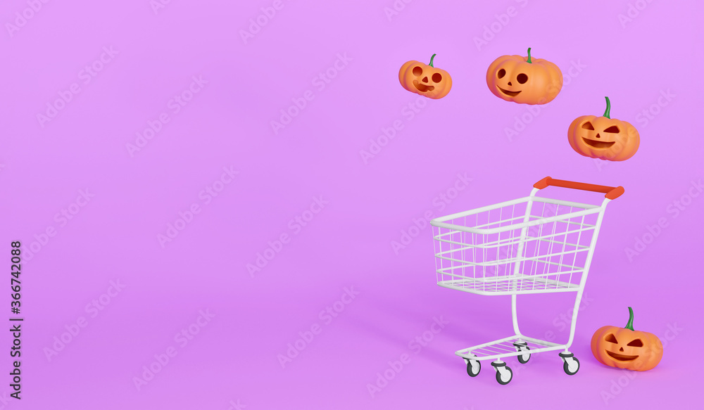 3D rendering pumpkins with cart on pastel purple background, halloween cute concept in supermaket 3D rendering pumpkins with cart on pastel purple background, halloween cute concept in supermaket